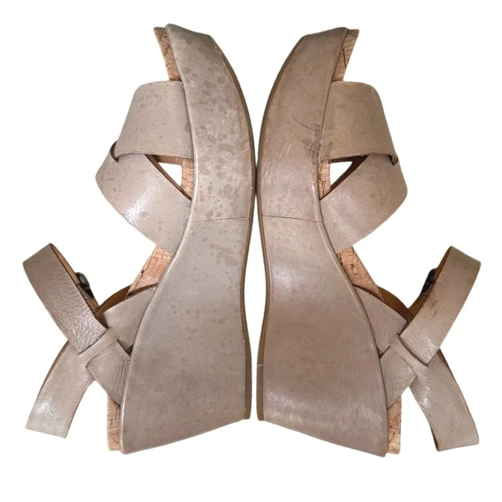 Kork-Ease Wedge Sandals Beige Leather Crisscross‎ Ankle Strap Boho Women Size 8